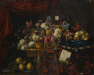 Franois Habert - A still life of flowers set on a table with a carpet a music book and a dog seated on a pillow.webp