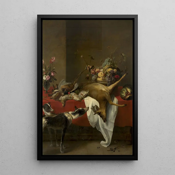 Frans Snyders - Game fruit basket and vase of flowers on a table.webp