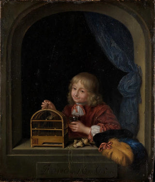 Frans van Mieris the Elder - Knabe mit Vogelkfig im Fenster.webp