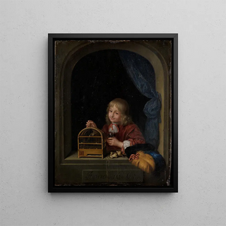 Frans van Mieris the Elder - Knabe mit Vogelkfig im Fenster.webp
