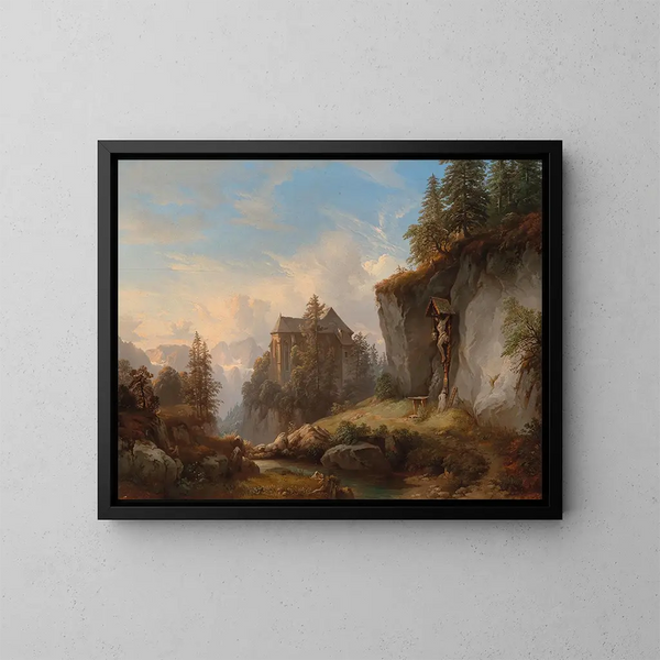 Een berglandschap met een kapel en een kapelletje - Franz Barbarini — ingelijst kunstwerk aan de muur