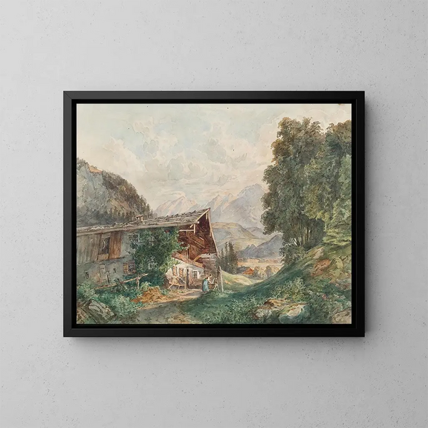 Landschap met boerderij en vrouw bij de put - Franz Barbarini — ingelijst kunstwerk aan de muur