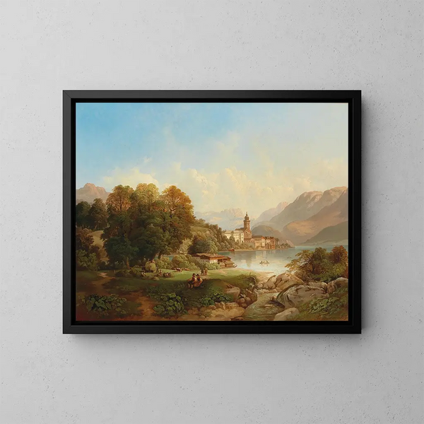 van uitzicht op Saint-Wolfgang aan het Wolfgangmeer - Franz Barbarini — ingelijst kunstwerk aan de muur
