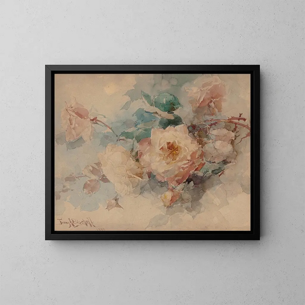 Bloemenmandje met rozen - Franz Bischoff — ingelijst kunstwerk aan de muur