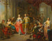 Een elegante compagnie met figuren die muziekinstrumenten bespelen en feestvieren in een interieur - Franz Christoph Janneck — weergave van het kunstwerk