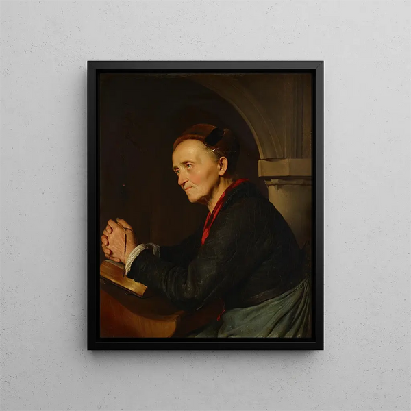 Boerderijschilderij in gebed - Franz Eybl — ingelijst kunstwerk aan de muur