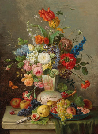 Franz Hohenberger - Groes Blumenstck mit Obst auf Steinplatte.webp