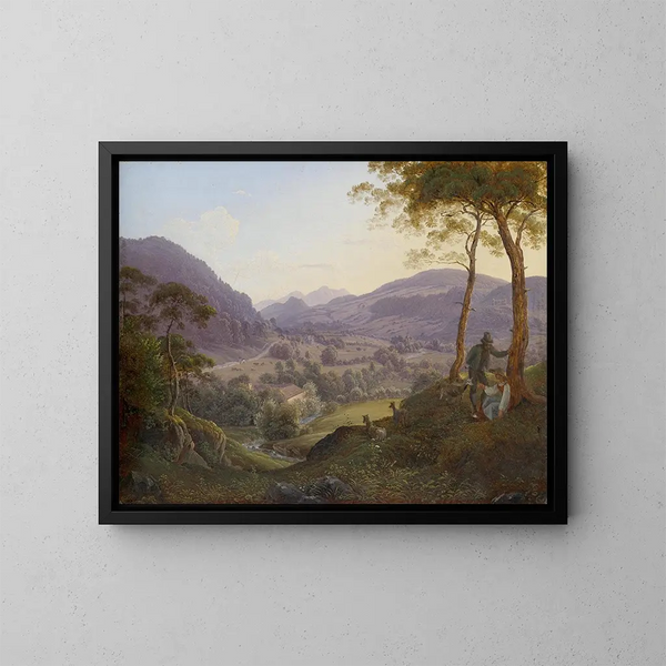 Landschap met bergtoppen bij Salzburg met een jong stel - Franz Ludwig Catel — ingelijst kunstwerk aan de muur