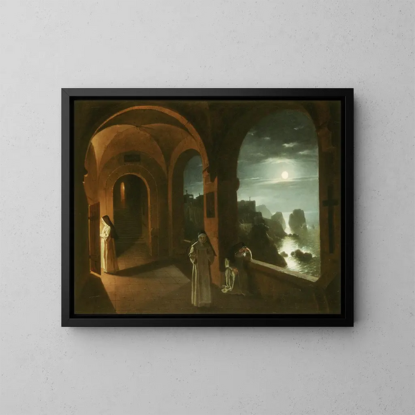 Nonnen in het klooster van de Certosa met uitzicht op een door de maan verlichte zee bij de Faraglioni van Capri - Franz Ludwig Catel — ingelijst kunstwerk aan de muur