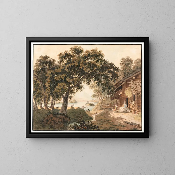 van het huis van de boer aan de oever van het Brienz-meer - Franz Niklaus König — ingelijst kunstwerk aan de muur