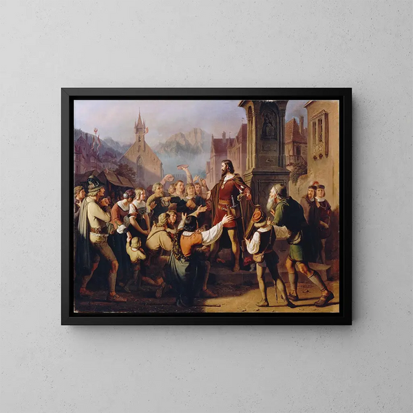 van Het hertog Frederik IV verkleed als minstreel wordt onthuld aan zijn trouwe Tyrolers terwijl hij Constance ontvlucht - Franz Schams — ingelijst kunstwerk aan de muur