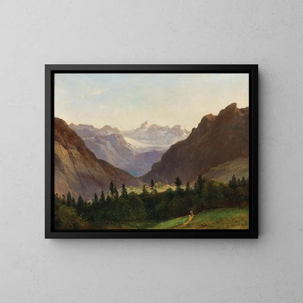 Uitzicht op het Dachstein-gebergte vanaf het Alpenhotel Wasnerin in Bad Aussee - Franz Steinfeld — ingelijst kunstwerk aan de muur