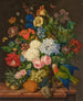 Viburnum oculus roses plumbago primula auricula hemerocallis campanula chinodoxia et epiphyllum sur un rebord avec un ananas et un perroquet - Franz Xaver Petter — weergave van het kunstwerk