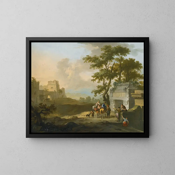Een landschap in Italiaanse stijl met figuren bij klassieke ruïnes - Franz de Paula Ferg — ingelijst kunstwerk aan de muur