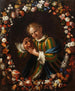 Kind met een masker in een bloemenkrans - Franz von Margety — weergave van het kunstwerk