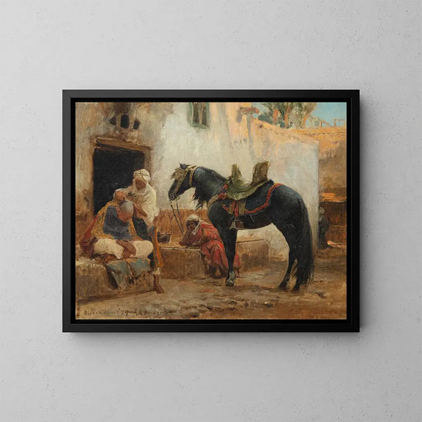De barbier van Biskra - Frederick Arthur Bridgman — ingelijst kunstwerk aan de muur