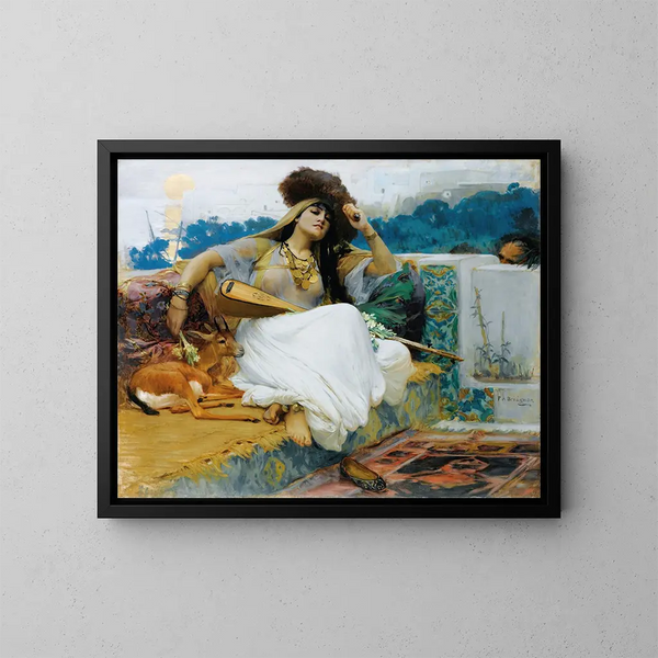 Jonge vrouw op een terras - Frederick Arthur Bridgman — ingelijst kunstwerk aan de muur