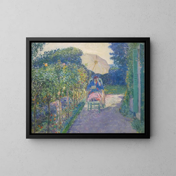 Vrouw zittend in een tuin - Frederick Carl Frieseke — ingelijst kunstwerk aan de muur
