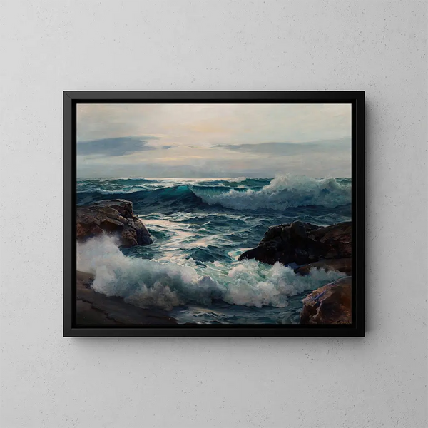 De oprukkende zee - Frederick Judd Waugh — ingelijst kunstwerk aan de muur