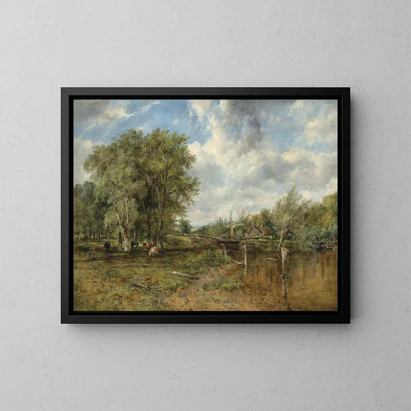 Een bebost landschap met vee en een cottage daarachter - Frederick Waters Watts — ingelijst kunstwerk aan de muur