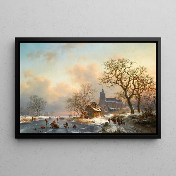 Landschap met schaatsers op een bevroren rivier - Frederik Marinus Kruseman — ingelijst kunstwerk aan de muur