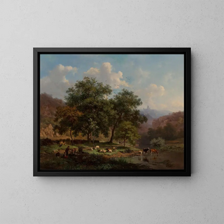 Frederik Marinus Kruseman - A summer landscape with figures resting with their flock beside a river where cattle are watering.webp