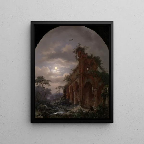van een monnik die mediteert bij een ruïne bij maanlicht - Frederik Marinus Kruseman — ingelijst kunstwerk aan de muur