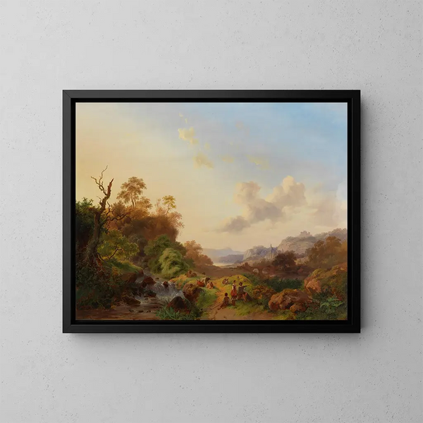 Landschapsschilderij van de zomer met figuren en vee bij een waterval - Frederik Marinus Kruseman — ingelijst kunstwerk aan de muur