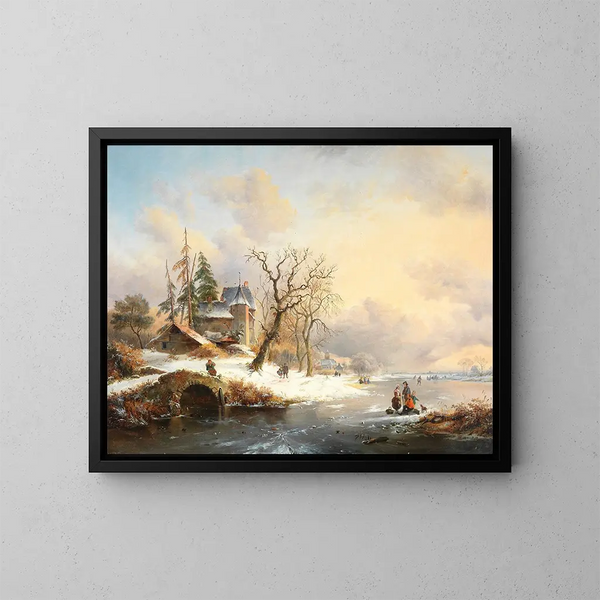 Landschapschilderij met winterlandschap en figuren bij een landhuis - Frederik Marinus Kruseman — ingelijst kunstwerk aan de muur