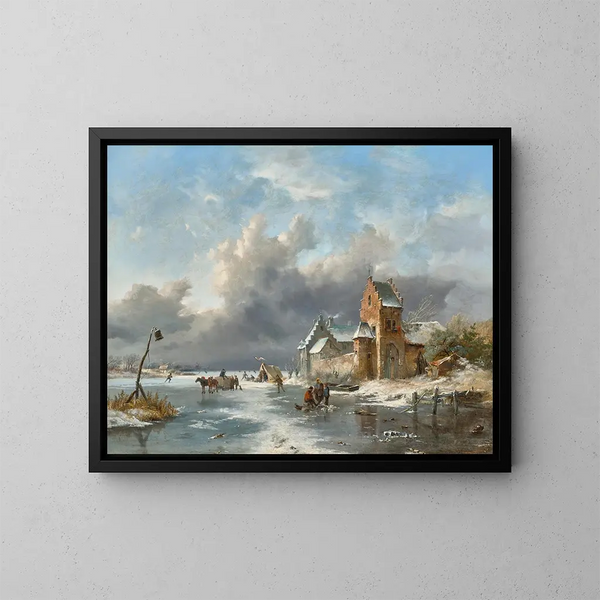 Landschap met winterse taferelen met figuren op een bevroren rivier - Frederik Marinus Kruseman — ingelijst kunstwerk aan de muur