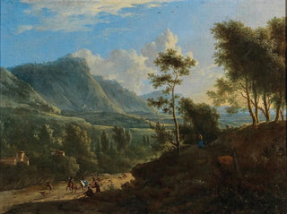 Frederik de Moucheron - An Italianate landscape with a hunting company.webp
