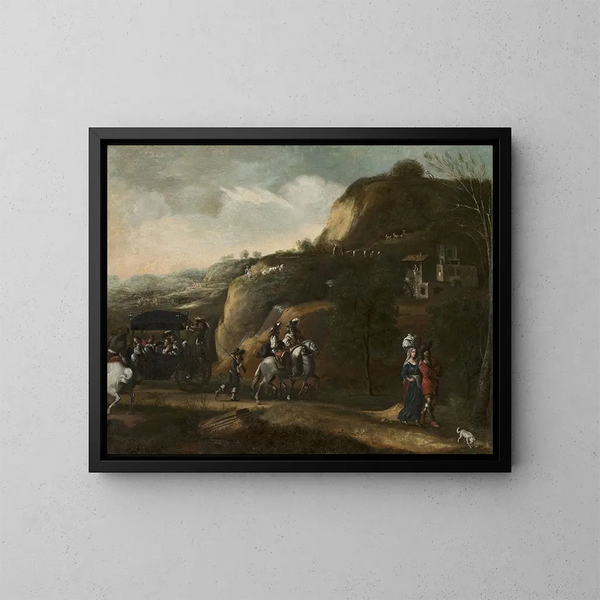 Landschapschilderij met een koets - Frederik de Moucheron — ingelijst kunstwerk aan de muur