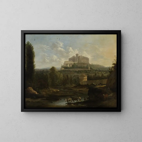 Landschapschilderij met het kasteel van Francheville - Frederik de Moucheron — ingelijst kunstwerk aan de muur