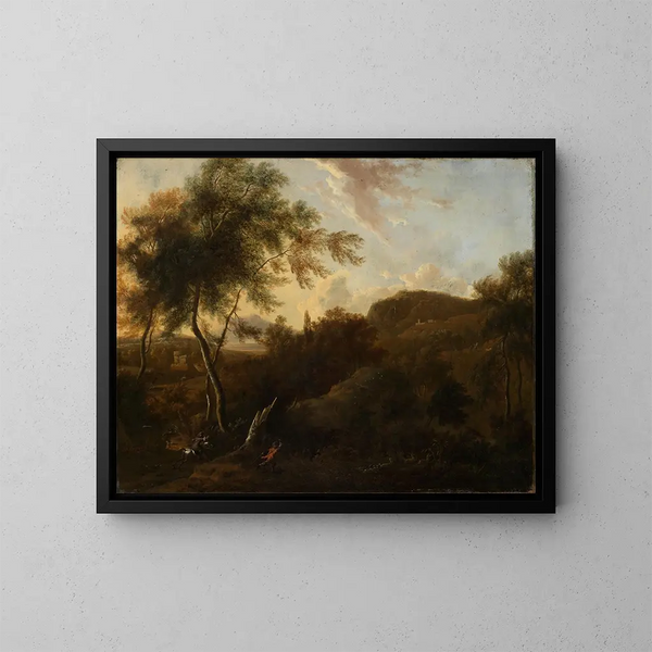 Landschap in het zuiden met een jager op de hertjacht - Frederik de Moucheron — ingelijst kunstwerk aan de muur