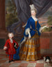 Portret van een elegante dame van 25 jaar, vergezeld door een jonge jongen en een Engelse springer - Franse School — weergave van het kunstwerk