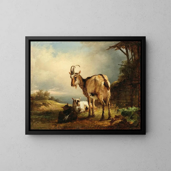 Een geit met twee geitjes - Friedrich August Matthias Gauermann — ingelijst kunstwerk aan de muur