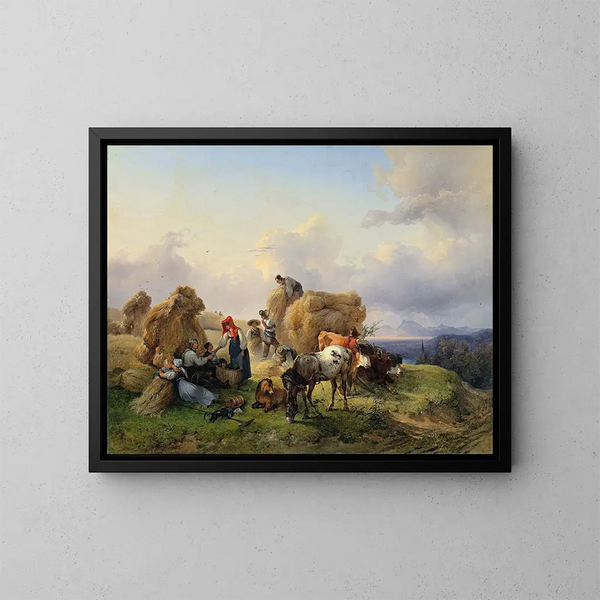 Oogst in de voorgebergten van de Alpen - Friedrich August Matthias Gauermann — ingelijst kunstwerk aan de muur