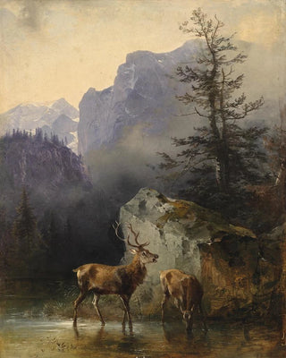 Friedrich August Matthias Gauermann - Hirsch und Tier an der Trnke.webp