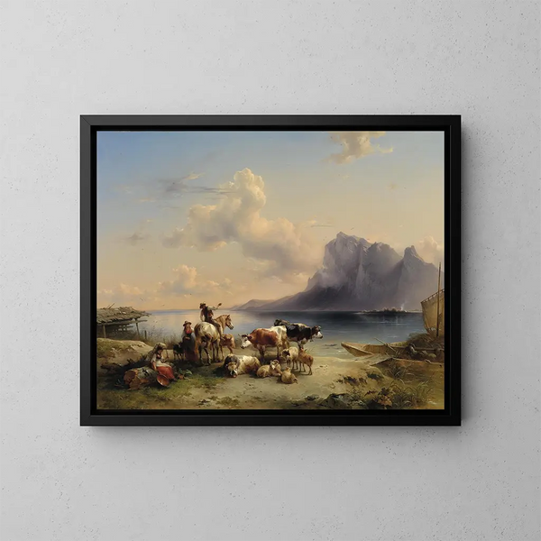 van Bergers en vee aan de rand van het Attersee-meer - Friedrich August Matthias Gauermann — ingelijst kunstwerk aan de muur