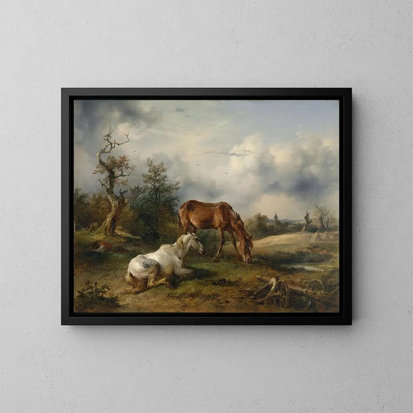 Paard en vos in de wei - Friedrich August Matthias Gauermann — ingelijst kunstwerk aan de muur