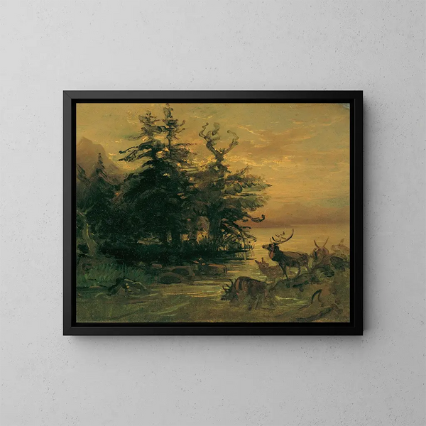 van een Schilderij met herten die rusten aan de rand van een bergmeer - Friedrich August Matthias Gauermann — ingelijst kunstwerk aan de muur