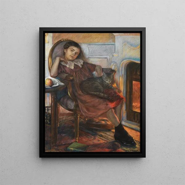 Friedrich Ferdinand Koch - Mdchen mit Katze am Kamin.webp