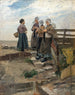 Dutch Fisherwomen on the Beach – Friedrich Kallmorgen — four fisherwomen near boats on the beach