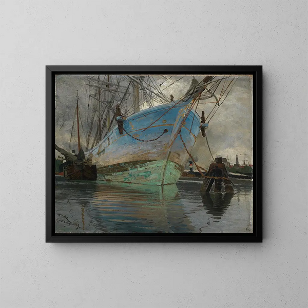 Boten in de haven van Amsterdam - Friedrich Kallmorgen — ingelijst kunstwerk aan de muur