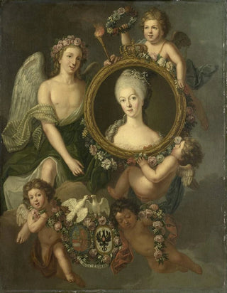 Friedrich Reclam - Portrait of Wilhelmina of Prussia in a medallion with allusions to her marriage to Prince William V on 4 October 1767 in Berlin Frederika Sophia Wilhelmina.webp