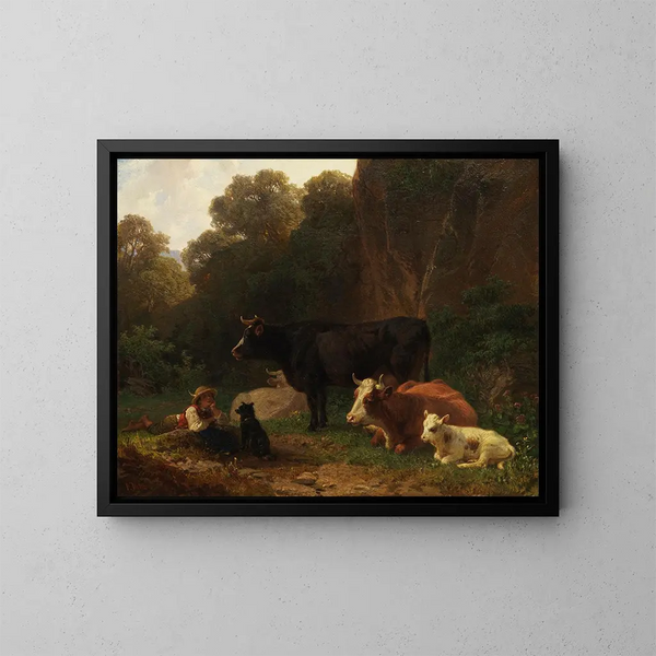 jonge herder met een khen tegen de rotswand - Friedrich Voltz — ingelijst kunstwerk aan de muur