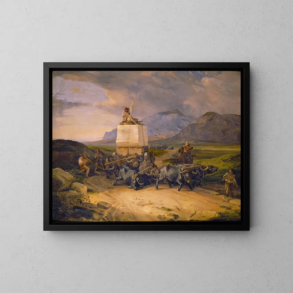 van een bizon die een marmerblok sleept - Friedrich von Nerly — ingelijst kunstwerk aan de muur
