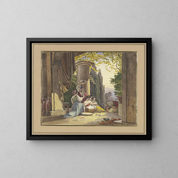 terras Italiaanse met meisje en luitspeler - Friedrich von Nerly — ingelijst kunstwerk aan de muur