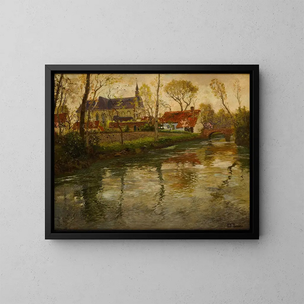 Een rivierlandschap met een kerk op de achtergrond - Frits Thaulow — ingelijst kunstwerk aan de muur