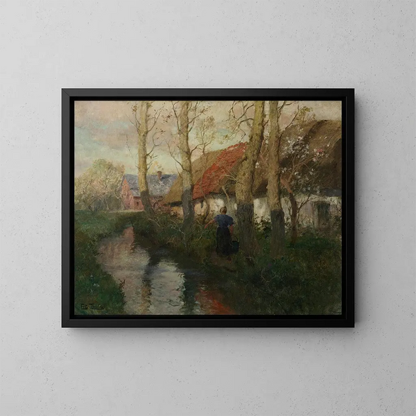 Een rivier in Normandië met een vrouw die water draagt - Frits Thaulow — ingelijst kunstwerk aan de muur